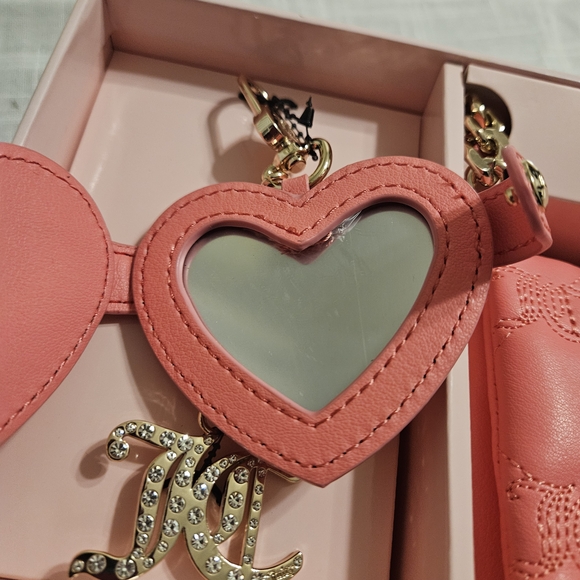 Juicy Couture Pink Quilted Bag Set Pink Lemonade With Heart Mirror Charm NEW - Picture 4 of 6